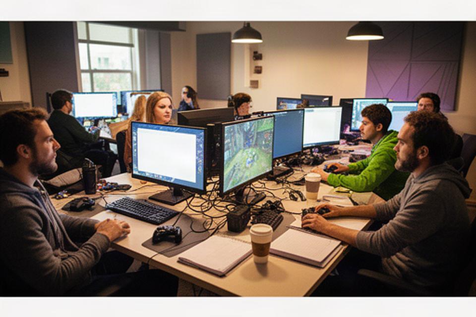 Glenville game studio with a local playtest group seated at connected computers around a shared table
