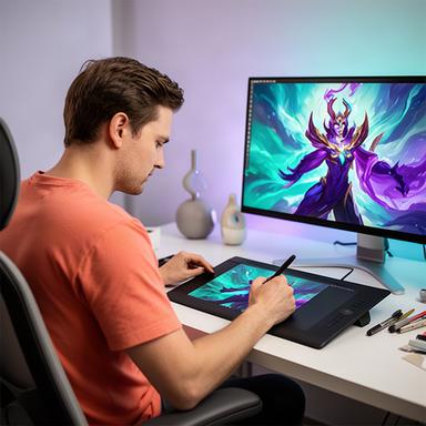 Bellisima Wauford adding color to a digital character illustration at her desk